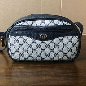 GUCCI GG Ophidia Navy Leather Grey Canvas Top Zip Front & Interior Pocket Bag